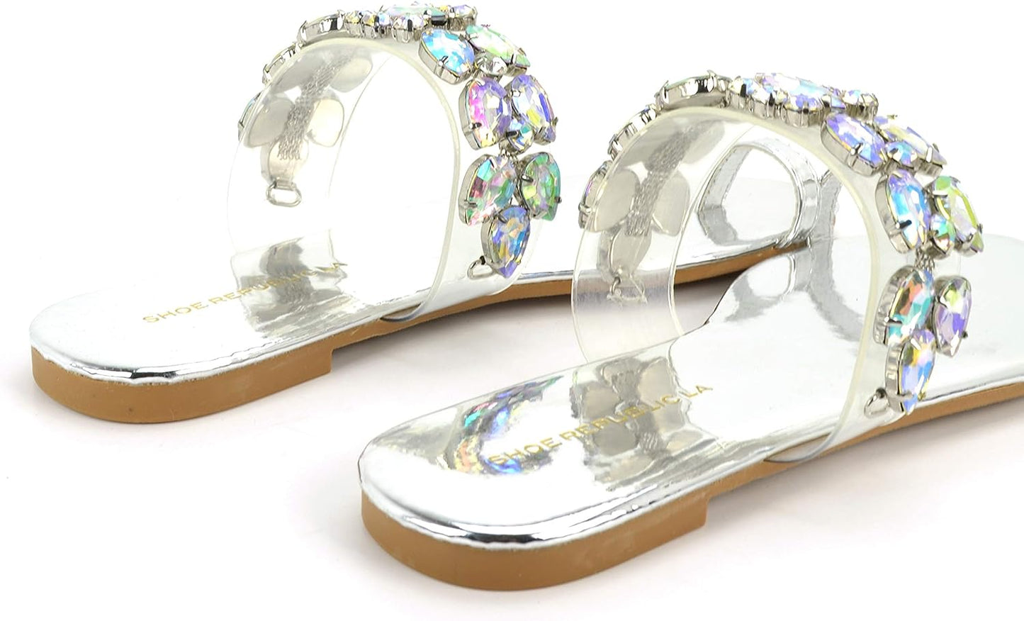 Women'S Slide Open Toe Flat Sandals with Clear Rhinestone Flip Flops Fashion Casual Slip on Party Shoes