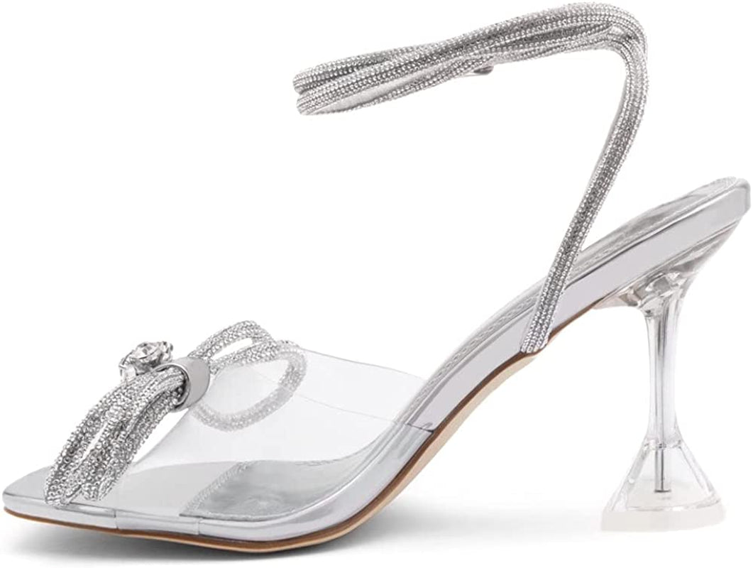 Womens SL-NAOMI Clear Heeled Sandals with Double Bowknots Open Toe Stiletto High Heel Dress Party Wedding Crystal Shoes