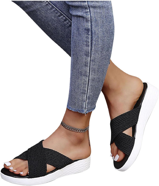 Stretch Cross Orthotic Slide Sandals, Women anti Slip Lightweight Sandles Slipper, Casual Open Toe Comfort and Support Sandals