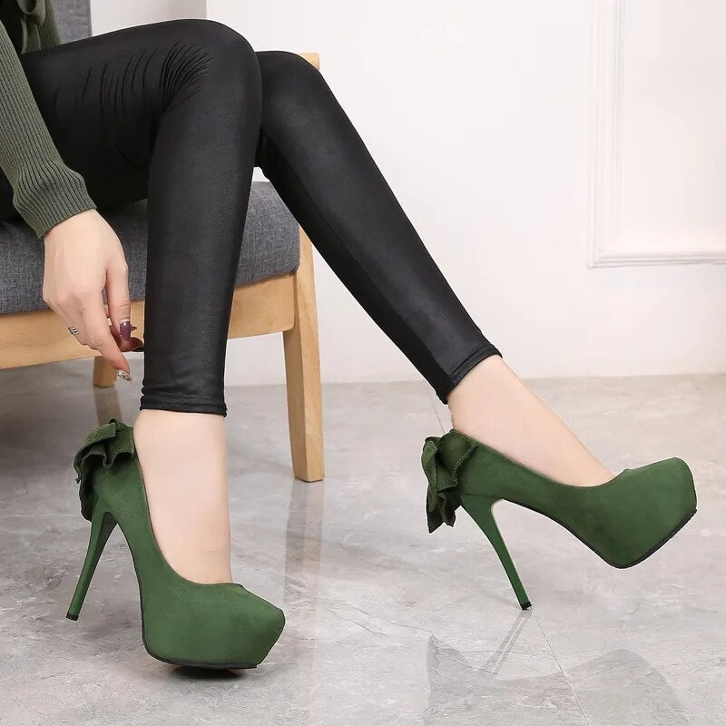 2023 Korean Fashion Back Bowknot Shallow Women Pumps round Toe Solid Flock Super High Heels Work Sexy Platform Woman Bride Shoes