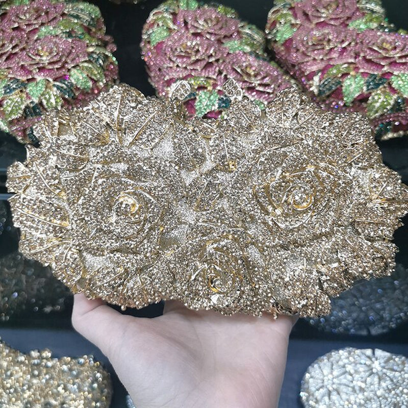 Elegant Orange Color Crystal Flower Women Evening Bag Clutch Party Purse High Quality Ladies Diamond Prom Mini Chain Clutches