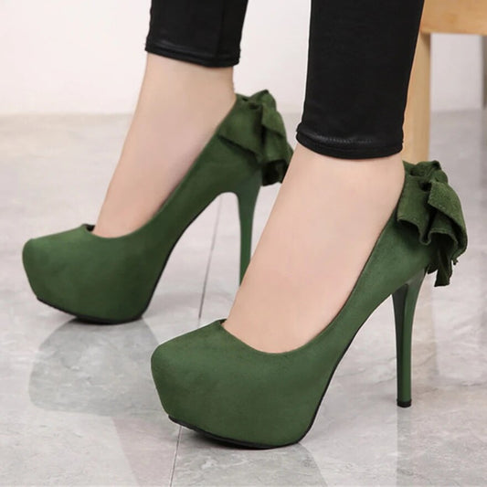 2023 Korean Fashion Back Bowknot Shallow Women Pumps round Toe Solid Flock Super High Heels Work Sexy Platform Woman Bride Shoes