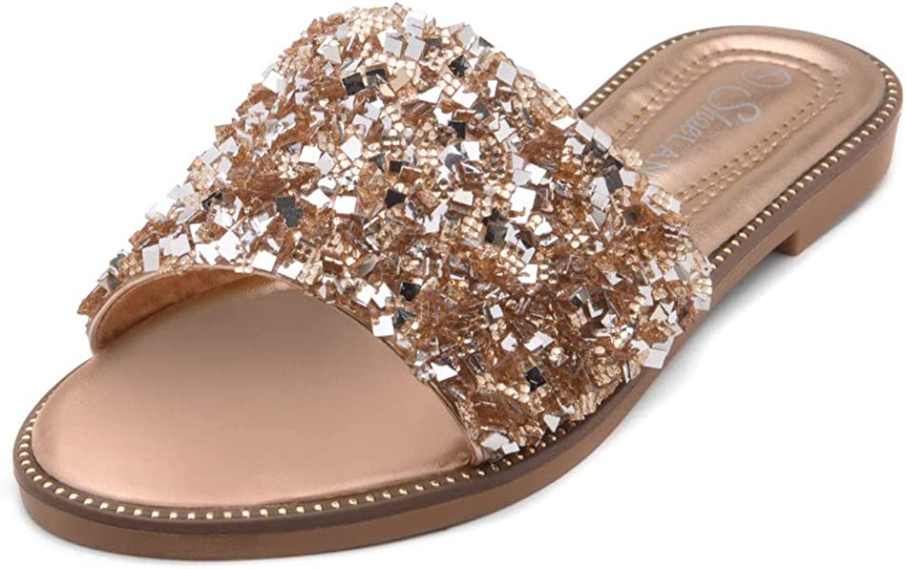 Joli Women'S Slides Open Toe Rhinestone Glitter Flat Sandals