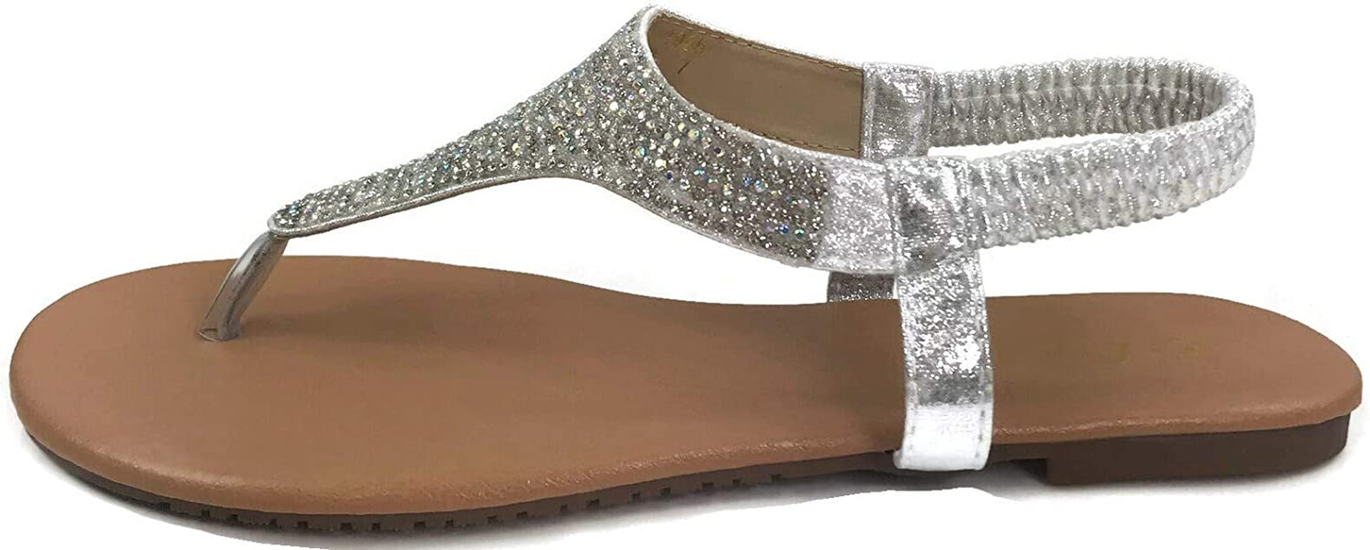 Womens T-Strap Rhinestone Crystal Sandal Flat Slip on Flip Flip, Silver, 6.5