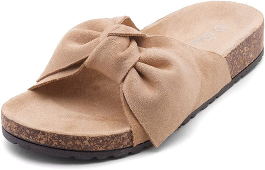 Sl-Nylah Women'S Knot Bow Slide Sandals Cork Footbed Slip on Slides Casual Platform Slippers