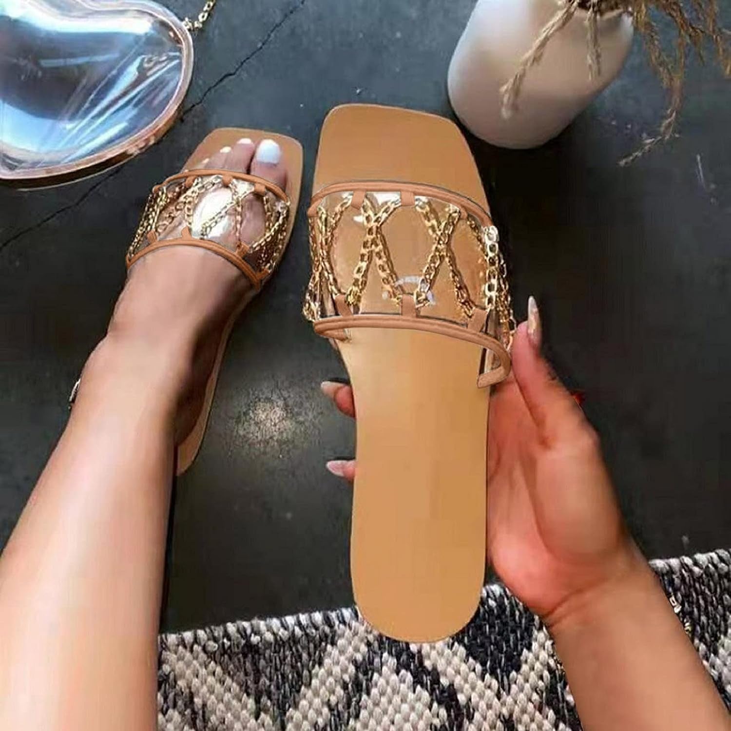 Women Synthetic Leather Flat Sandals - Clear Band Slides Slippers with Metallic Link Chains Open Toe Summer Low Heel Slippers Slip On