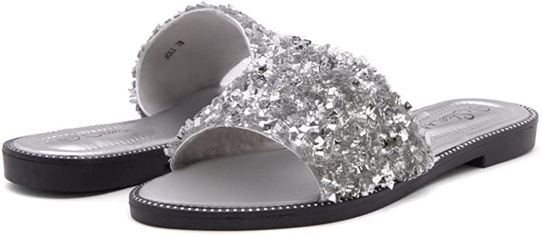 Joli Women'S Slides Open Toe Rhinestone Glitter Flat Sandals