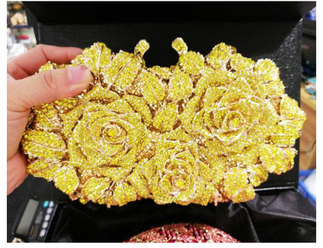 Elegant Orange Color Crystal Flower Women Evening Bag Clutch Party Purse High Quality Ladies Diamond Prom Mini Chain Clutches