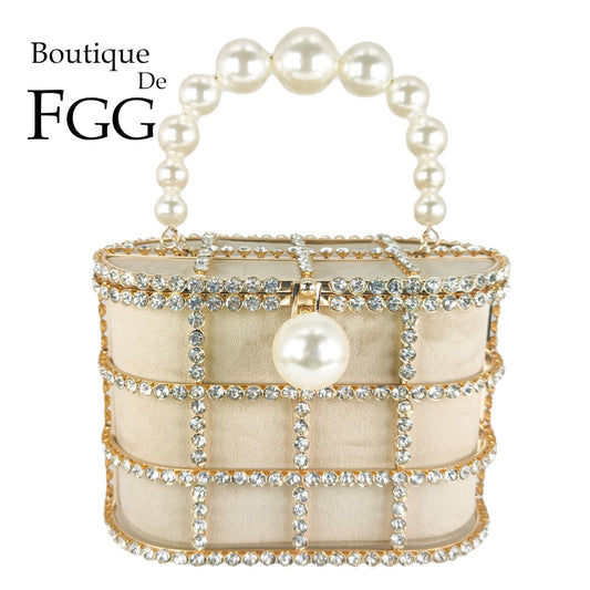 Pearl Top-Handle Women Evening Totes Bag Crystal Shoulder Bucket Handbags Weddingi Party Dinner Rhinestone Bag