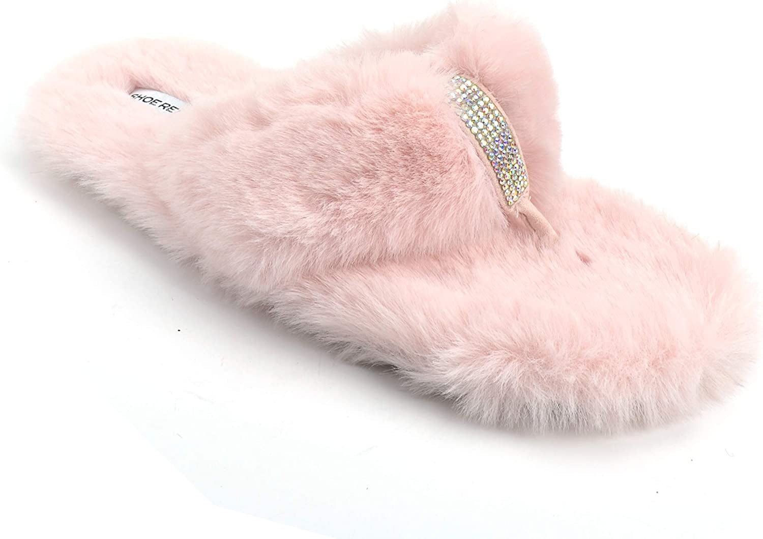 Womens Fluffy Faux Fur Rhinestones Slippers Flip Flop Cozy Slides Soft Comfy Slip on Flat Sandals