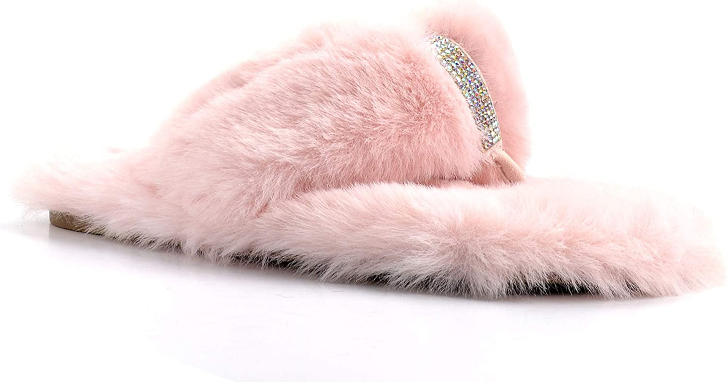 Womens Fluffy Faux Fur Rhinestones Slippers Flip Flop Cozy Slides Soft Comfy Slip on Flat Sandals