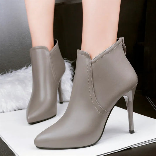 Women Concise Ankle Boots Sexy Platform Warm Plush High Heels Winter Shoes Black Gray Woman Pointed Toe Stiletto 10Cm Short Boot