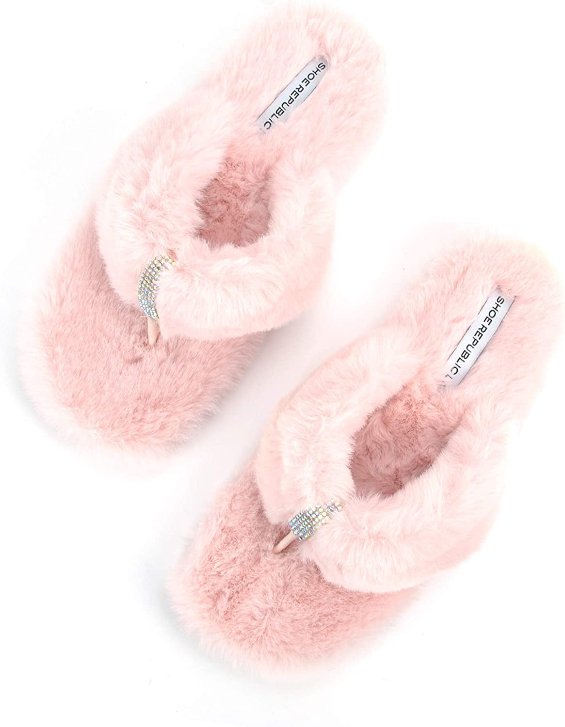 Womens Fluffy Faux Fur Rhinestones Slippers Flip Flop Cozy Slides Soft Comfy Slip on Flat Sandals