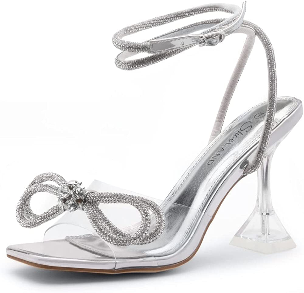 Womens SL-NAOMI Clear Heeled Sandals with Double Bowknots Open Toe Stiletto High Heel Dress Party Wedding Crystal Shoes