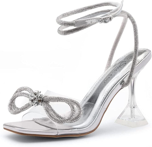 Womens SL-NAOMI Clear Heeled Sandals with Double Bowknots Open Toe Stiletto High Heel Dress Party Wedding Crystal Shoes