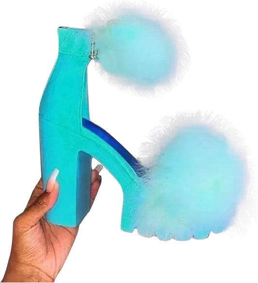 Women Faux Fur Platform Sandals Fluffy Open Toe Block Heel Sandals Ankle Buckle Casual Summer High Heels Dress Pumps