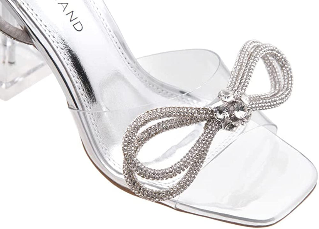 Womens SL-NAOMI Clear Heeled Sandals with Double Bowknots Open Toe Stiletto High Heel Dress Party Wedding Crystal Shoes