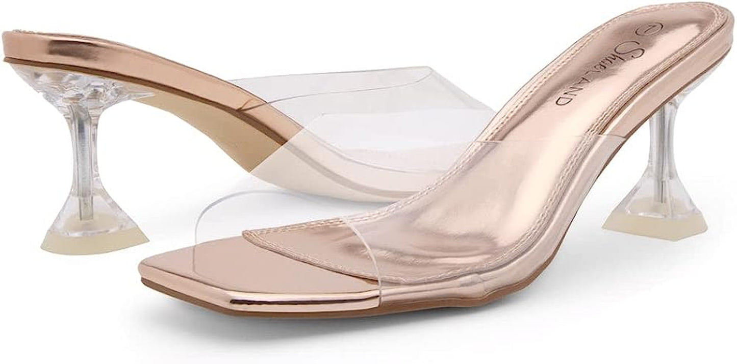 Womens Celebrate Clear Heel Sandals Transparent Stiletto Heeled Slides Square Open Toe Slip on Mules