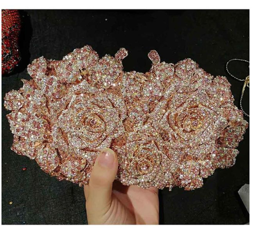 Elegant Orange Color Crystal Flower Women Evening Bag Clutch Party Purse High Quality Ladies Diamond Prom Mini Chain Clutches