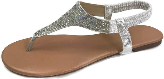 Womens T-Strap Rhinestone Crystal Sandal Flat Slip on Flip Flip, Silver, 6.5