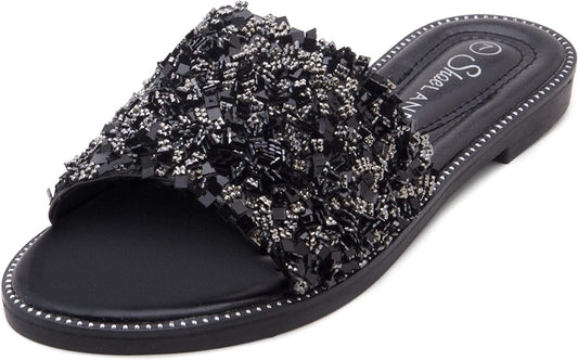 Joli Women'S Slides Open Toe Rhinestone Glitter Flat Sandals