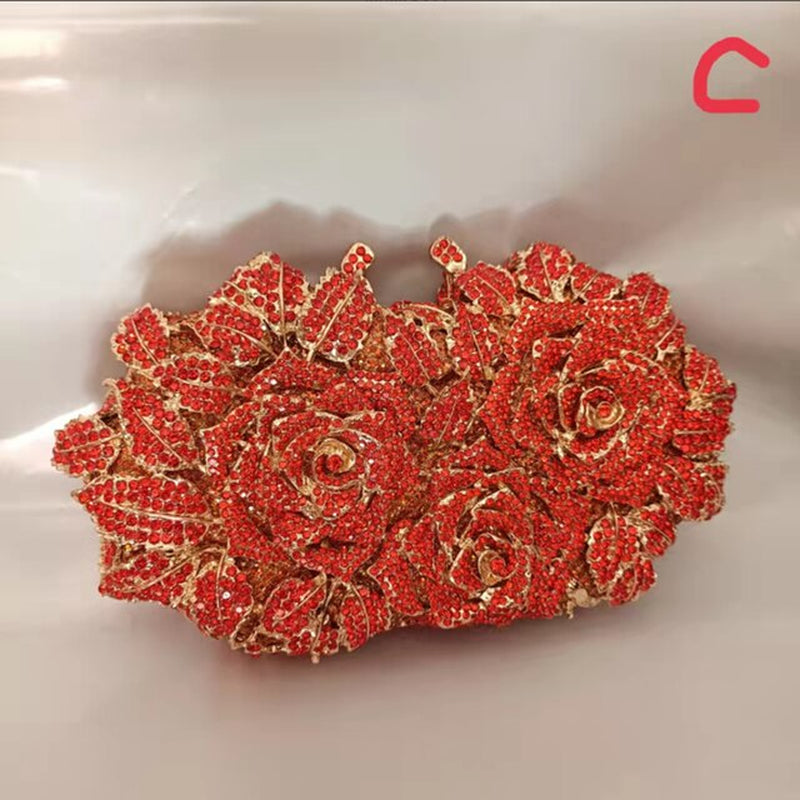 Elegant Orange Color Crystal Flower Women Evening Bag Clutch Party Purse High Quality Ladies Diamond Prom Mini Chain Clutches