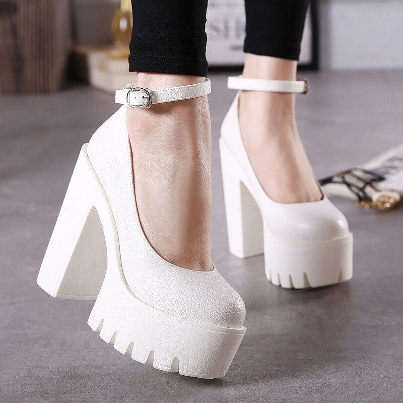 2023 New Spring Autumn Casual High-Heeled Shoes Sexy Ruslana Korshunova Thick Heels Platform Pumps Black White Size 42