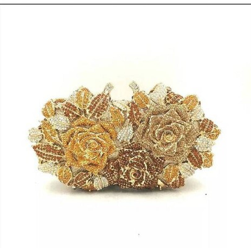 Elegant Orange Color Crystal Flower Women Evening Bag Clutch Party Purse High Quality Ladies Diamond Prom Mini Chain Clutches