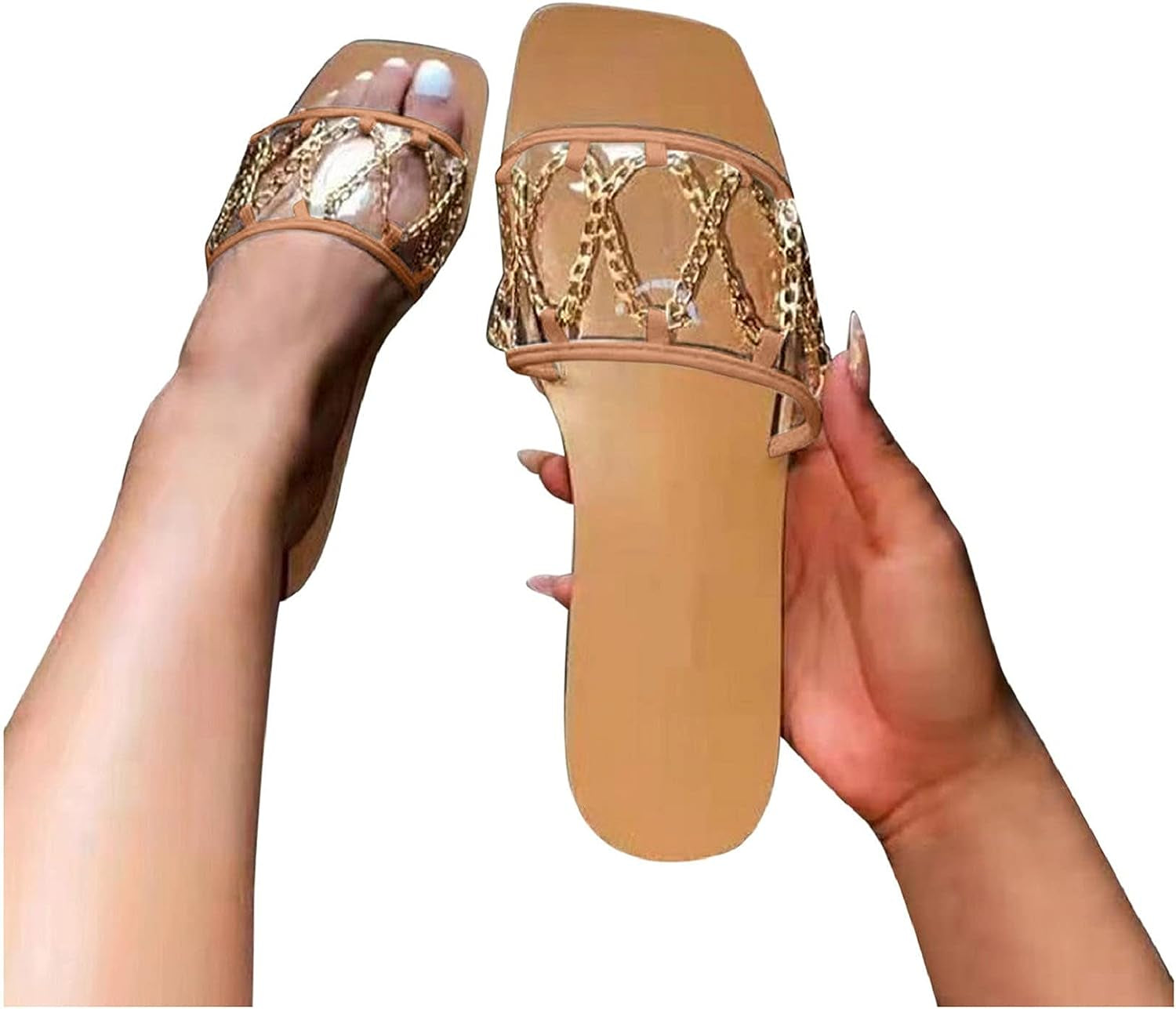 Women Synthetic Leather Flat Sandals - Clear Band Slides Slippers with Metallic Link Chains Open Toe Summer Low Heel Slippers Slip On