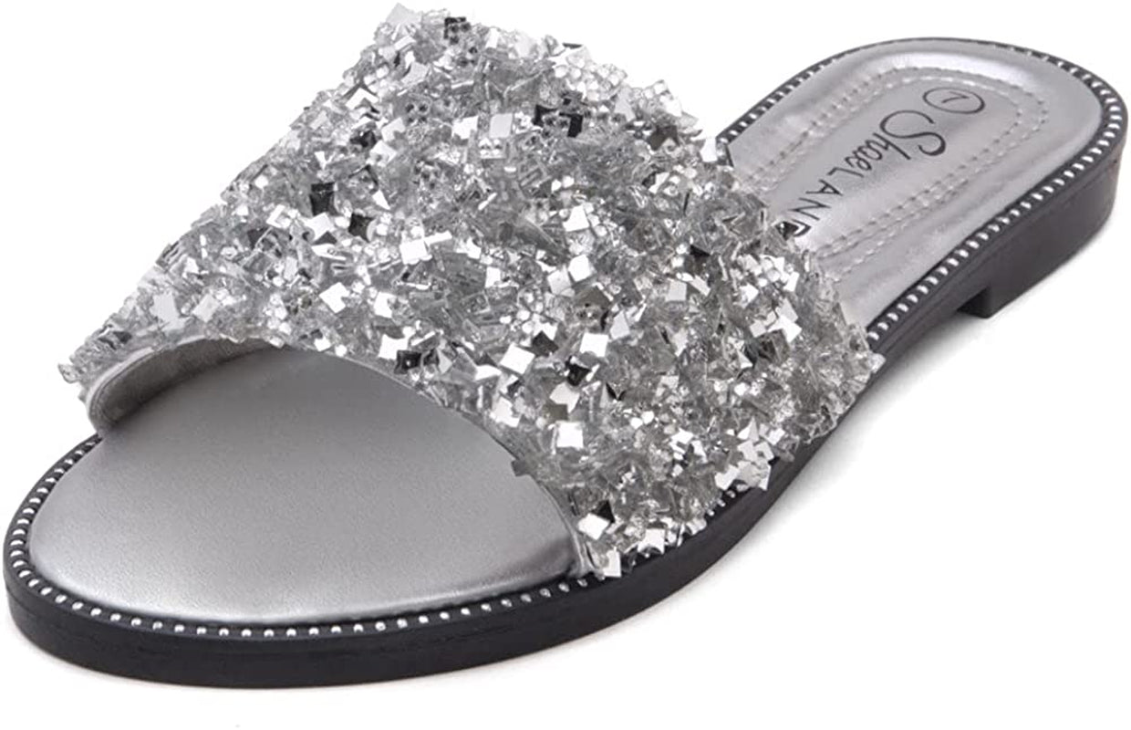 Joli Women'S Slides Open Toe Rhinestone Glitter Flat Sandals